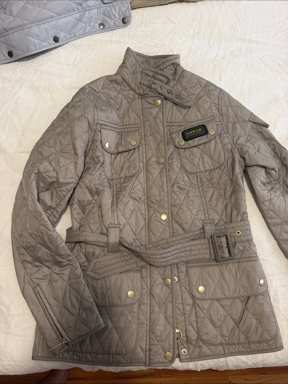 Barbour Quilted Taupe Utility Belted Jacket